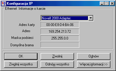 Konflikt adresów IP na karcie sieciowej 142640-403 w Windows 98SE