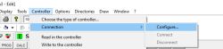 Menu „Controller” z opcją „Connection” i podmenu „Configure…” wybranym.