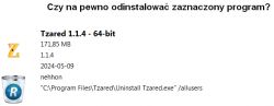 Komunikat potwierdzający odinstalowanie programu Tzared 1.1.4.