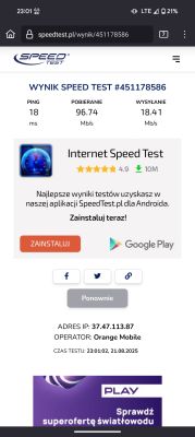 Wynik testu prędkości LTE Orange: 96,74 Mb/s pobierania, 18,41 Mb/s wysyłania