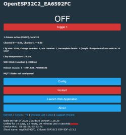 Control panel of the ESP32C2 device showing status, WiFi info, and control buttons.