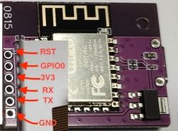 Pin Labels on ESP8266 ESP-12E Module ESP8266 ESP-12E board with clearly labeled pins: RST, GPIO0, 3V3, RX, TX, GND.
