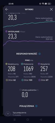 Zrzut ekranu wyników testu prędkości internetu z aplikacji Speedtest, pokazujący dane dla T-mobile.