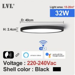 Illustration of a round LVL ceiling light with WiFi features, compatible with Amazon Alexa and Google Assistant.
