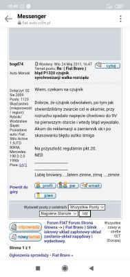 Zrzut ekranu z forum Fiat dotyczący błędu P1320 czujnika synchronizacji wałka.