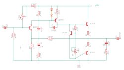 Schemat wzmacniacza audio z tranzystorami BD139 i BD140 oraz elementami pasywnymi.