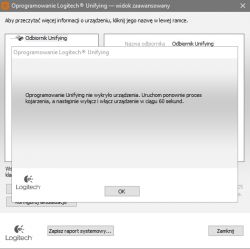 Komunikat z oprogramowania Logitech Unifying, informujący o braku wykrycia urządzenia.