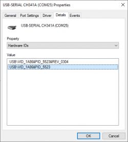 USB-SERIAL CH341A device properties window showing hardware IDs.
