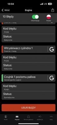 Zrzut ekranu z aplikacji diagnostycznej pokazujący kody błędów samochodu.