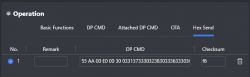 Hex Send Operation Bar in Tuya Module Debugging Assistant Operation bar in Tuya Module Debugging Assistant showing Hex Send section with input data and checksum.