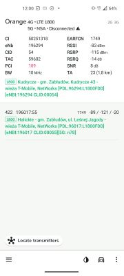 Zrzut ekranu z aplikacji NetMonster pokazujący parametry sieci LTE 1800 Orange z lokalizacjami nadajników w Kudryczach i Halickich.