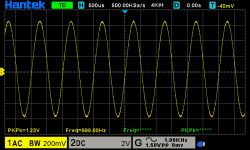 Sine Wave Signal on Oscilloscope Oscilloscope screen displaying a sine wave signal with a frequency of 998 Hz and peak value of 1.23 V.