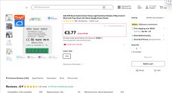 AliExpress product page screenshot: Tuya 16A Wi‑Fi MINI Smart Switch module, priced at €3.77.