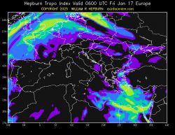 Mapa przedstawiająca wskaźnik Hepburn Tropo na dzień 17 stycznia dla Europy, z obszarami podwyższonego tropo zaznaczonymi kolorami żółtym, zielonym i fioletowym.