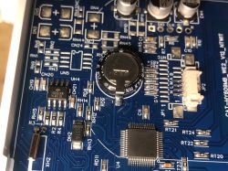 Inside the HY609 Thermostat Close-up of the internal circuit board of the HY609 thermostat showing electronic components.