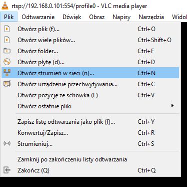 Zrzut ekranu menu VLC Media Player z widocznymi opcjami strumienia w sieci.