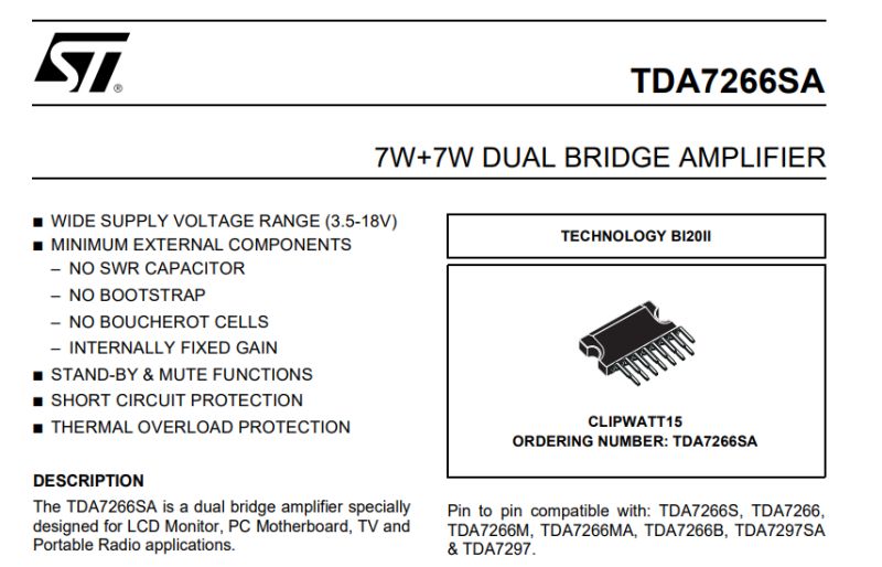 TDA7266SA amplifier datasheet showing specifications and package illustration