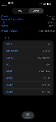 Zrzut ekranu iPhone z danymi sieci Orange LTE: pasmo 3, 15 MHz, RSRP −102 dBm, RSRQ −13 dB