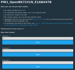 Screenshot of the OpenBK7231N user interface showing start value settings for channels.