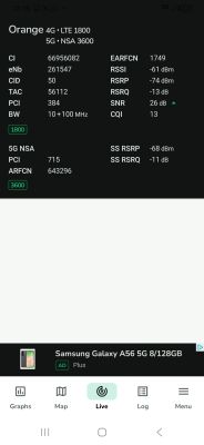 Zrzut ekranu z aplikacji pokazujący parametry sieci 4G LTE 1800 i 5G NSA 3600 w sieci Orange