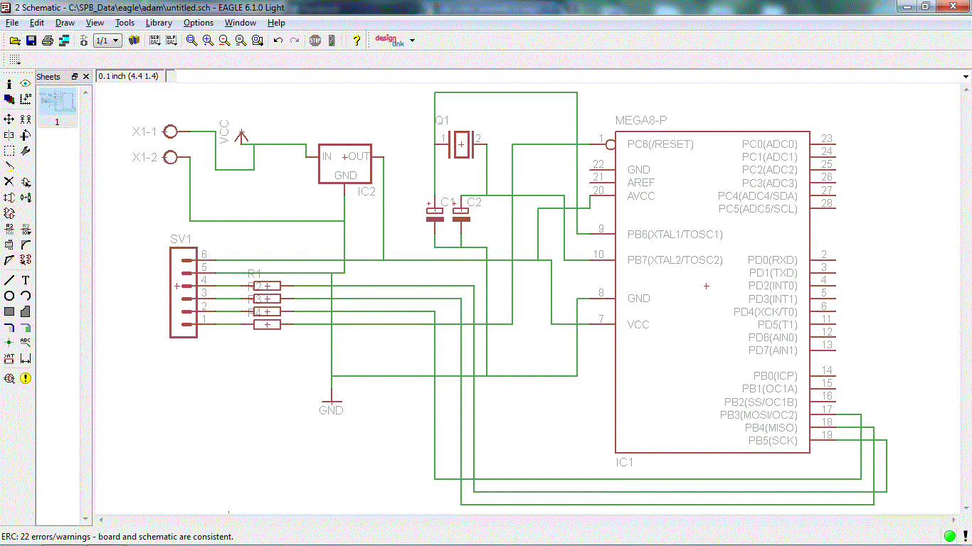 Sprawdzenie schematu podstawki do ATMEGA 8 - wartości C1, C2 i kwarc 8MHz