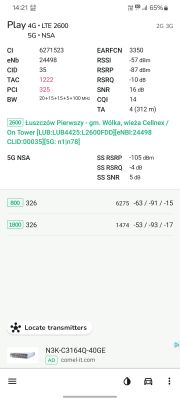 Zrzut ekranu z aplikacji pokazujący parametry sieci komórkowej Play dla BTS LUB4425.