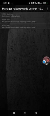 Zrzut ekranu aplikacji z listą błędów diagnostycznych OBD2.