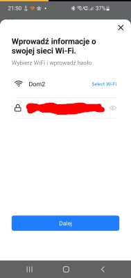 SmartLife app screen for Wi‑Fi details: network “Dom2”, password field redacted, “Next” button.