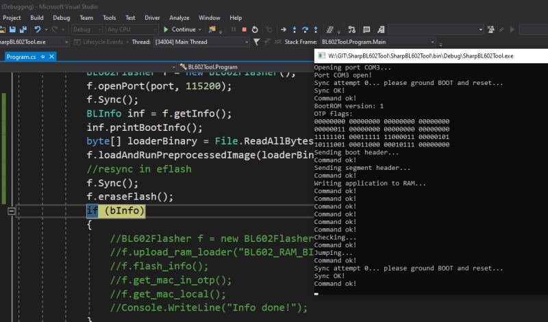Screenshot of a terminal console showing the first command sent via the BL602 protocol.