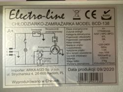 Tabliczka znamionowa lodówki Electro-line BDC-138.