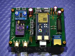 3D render of “ESP32 Web Radio” PCB with ESP32‑S3‑WROOM‑1, audio outputs, OLED header, PAM8406 amp