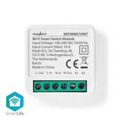 Nedis WIFIWMS10WT smart switch module with input voltage and current information and connectors.