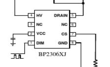 Diagram of LED controller IC BP2306XJ with labels like HV, DRAIN, VCC, and DIM.