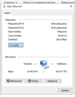 Okno stanu Ethernetu z komunikatem Połączenia IPv4: Brak połączenia