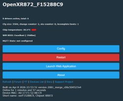 OpenXR872 status page showing Wi‑Fi, chip temperature, and buttons for Config and Restart