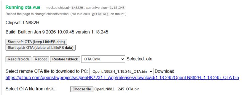 OTA update interface for LN882H chipset with file options and action buttons.