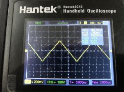 Trójkątny sygnał 100,6 kHz wyświetlany na oscyloskopie Hantek2C42