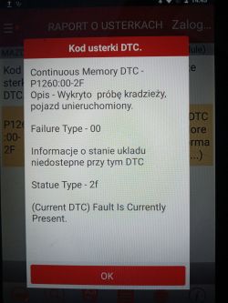 Mazda CX5 2015 - Błąd P1260, wykrycie próby kradzieży, nieaktywny Keyless po długim postoju