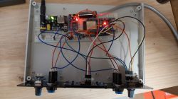 Prototype Internet Radio with ESP32 Interior view of a prototype internet radio on a breadboard with an ESP32 module and OLED display.