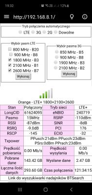 Huawei B818 + CyberTech antena zewnętrzna: Słaby sygnał na pasmach B3 i B1 - Orange