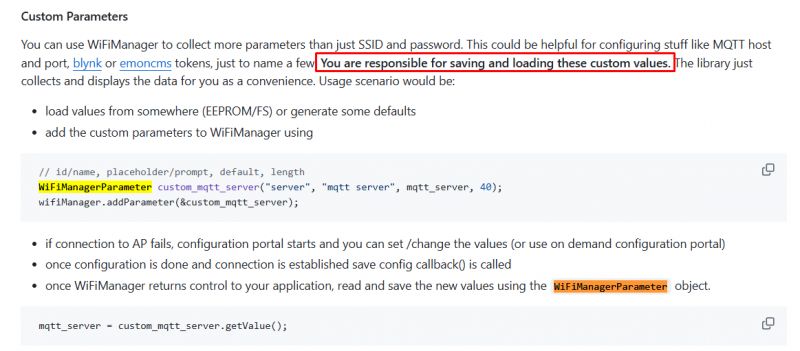 WiFiManager Custom Parameters Documentation WiFiManager documentation on custom parameters