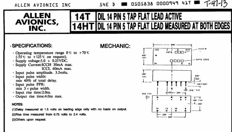 Technical diagram and specifications for Allen Avionics 14-pin DIL device
