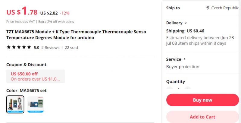 Screenshot of the MAX6675 temperature module offer with a Type K thermocouple.