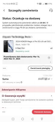 Zrzut ekranu szczegółów zamówienia na AliExpress z informacją o oczekiwaniu na dostawę.