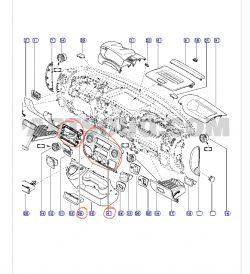 Diagramm des Armaturenbretts eines Renault Master mit rot umrandeten Teilen.