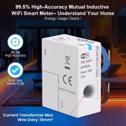 Ad: TONGOU WiFi Smart Meter with 99.5% accuracy claim Ad for TONGOU WiFi smart energy meter with blue current coil and 99.5% accuracy claims