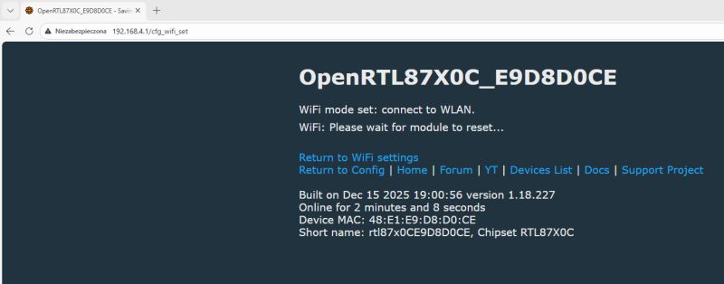 Wi-Fi module configuration screen showing OpenRTL87X0C_E9D8D0CE and device details
