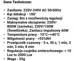 Technical specifications for a motion sensor used with lamps.