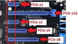 Płyta główna z różnymi gniazdami PCIe oznaczonymi strzałkami i etykietami.