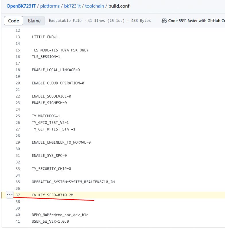 A section of the build.conf configuration file related to OpenBK7231T software.